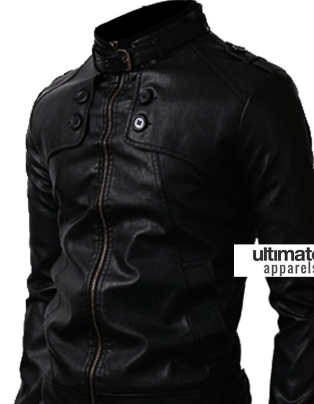Button Pocket Black Slim-Fit Leather Jacket Button Pocket Black Slim-Fit Leather Jacket