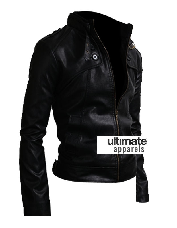 Button Pocket Black Slim-Fit Leather Jacket Button Pocket Black Slim-Fit Leather Jacket