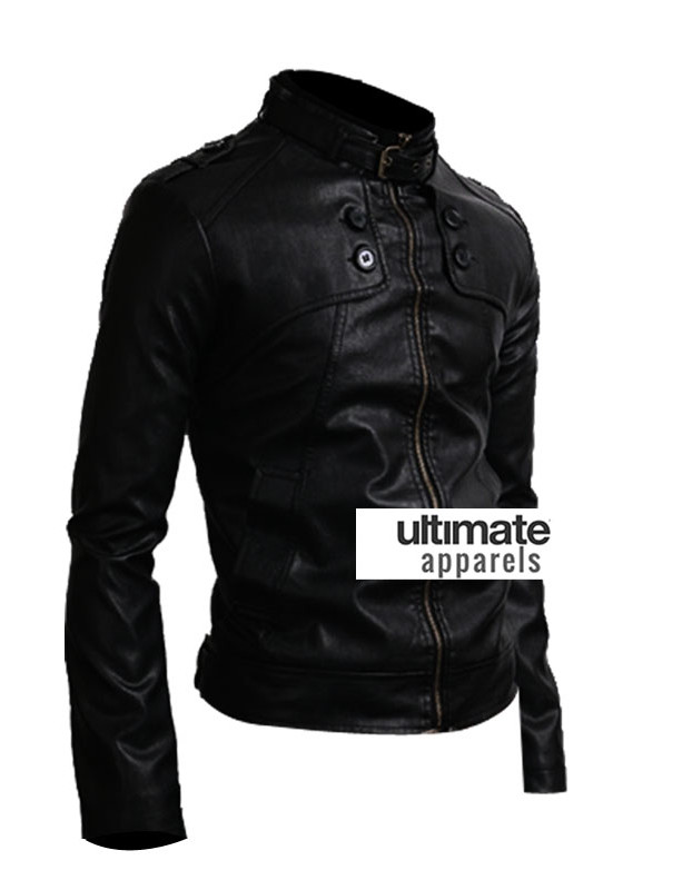 Button Pocket Black Slim-Fit Leather Jacket Button Pocket Black Slim-Fit Leather Jacket
