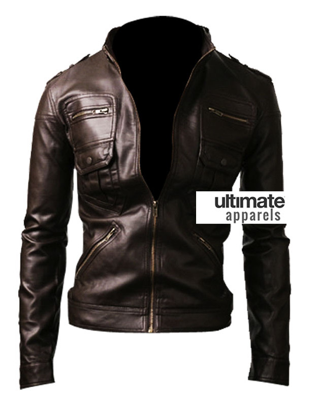 Zip Pocket Slim-fit Black Men Leather Jacket