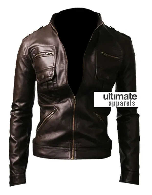 Zip Pocket Slim-fit Black Men Leather Jacket