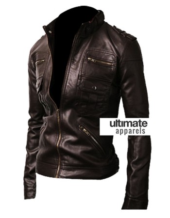 Zip Pocket Slim-fit Black Men Leather Jacket