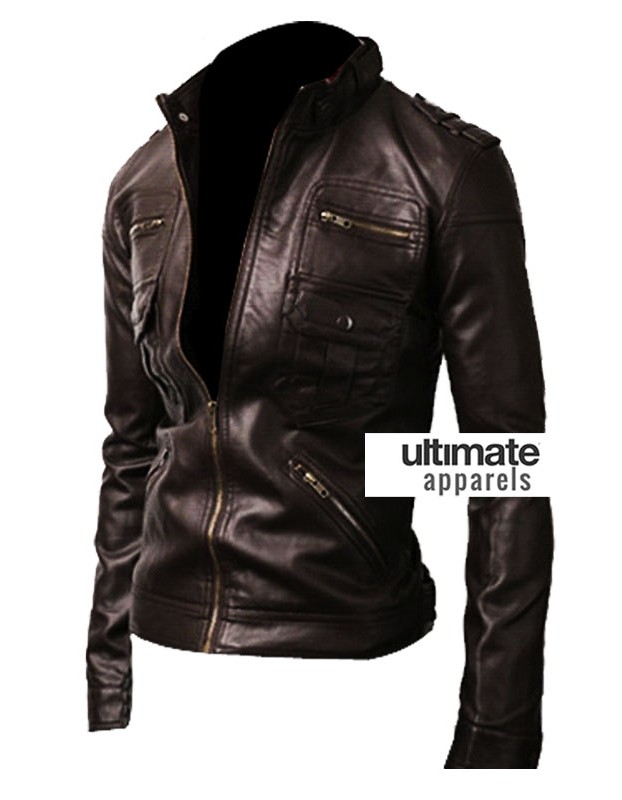 Zip Pocket Slim-fit Black Men Leather Jacket