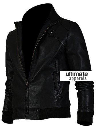 Slim Fit Men Black Bomber Leather Jacket