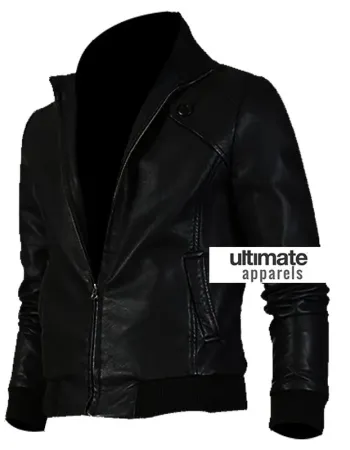 Slim Fit Men Black Bomber Leather Jacket