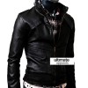 Slim Fit Strap Zipper Neck Black Leather Jacket