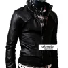 Slim Fit Strap Zipper Neck Black Leather Jacket