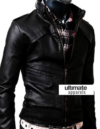 Slim Fit Strap Zipper Neck Black Leather Jacket
