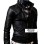 Slim Fit Strap Zipper Neck Black Leather Jacket