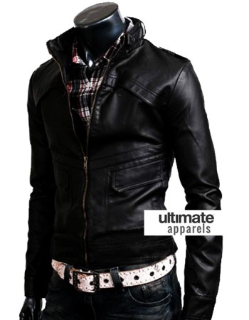 Slim Fit Strap Zipper Neck Black Leather Jacket