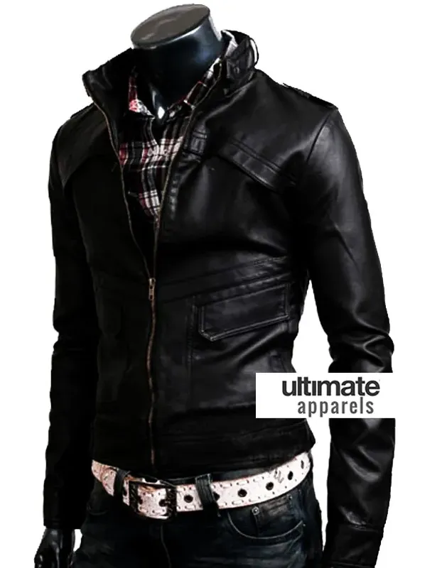 Slim Fit Strap Zipper Neck Black Leather Jacket