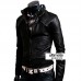 Slim Fit Strap Zipper Neck Black Leather Jacket