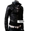 Slim Fit Strap Zipper Neck Black Leather Jacket