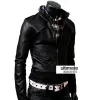 Slim Fit Strap Zipper Neck Black Leather Jacket