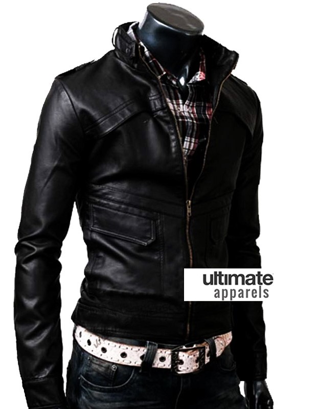 Slim Fit Strap Zipper Neck Black Leather Jacket