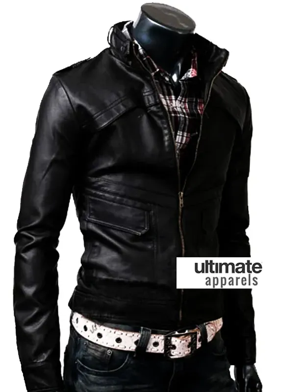 Slim Fit Strap Zipper Neck Black Leather Jacket