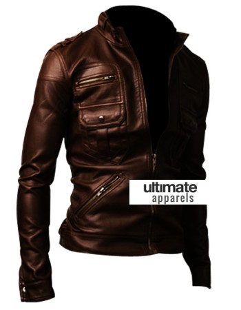 Slim Fit Zip Pocket Dark Brown Men Leather Jacket
