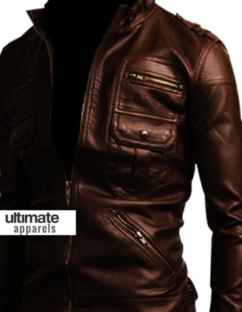 Slim Fit Zip Pocket Dark Brown Men Leather Jacket