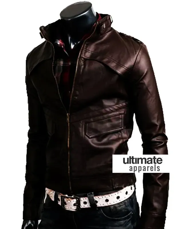 Strap Zipper Men Dark Brown Slim Fit Leather Jacket Strap Zipper Men Dark Brown Slim Fit Leather Jacket