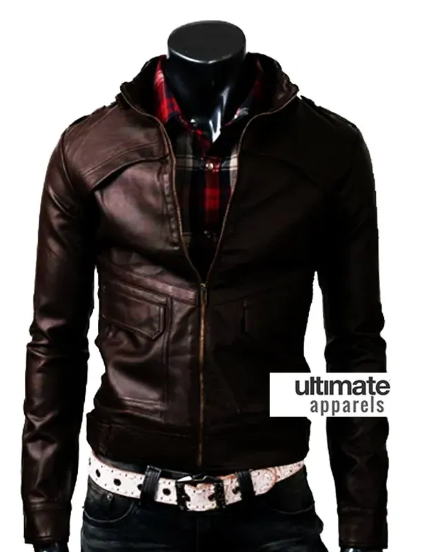Strap Zipper Men Dark Brown Slim Fit Leather Jacket Strap Zipper Men Dark Brown Slim Fit Leather Jacket
