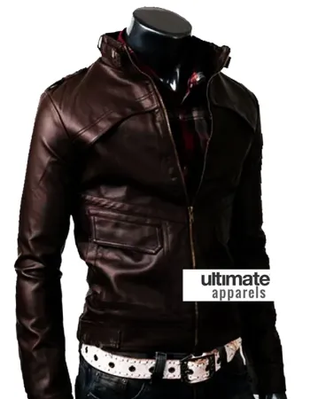 Strap Zipper Men Dark Brown Slim Fit Leather Jacket
