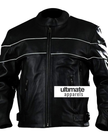 Vented Men's White Stripes Black Motorcycle Leather Jacket