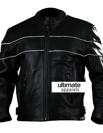 Vented Men's White Stripes Black Motorcycle Leather Jacket