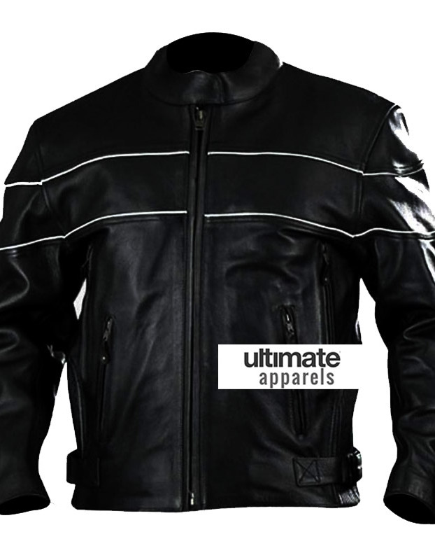Vented Men's White Stripes Black Motorcycle Leather Jacket