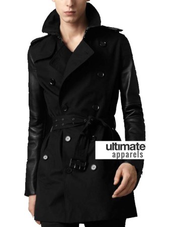 Mens Cotton Black Trench Coat With Leather Sleeves