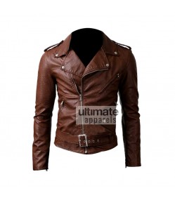 Slim Fit Belted Rider Brown Leather Jacket