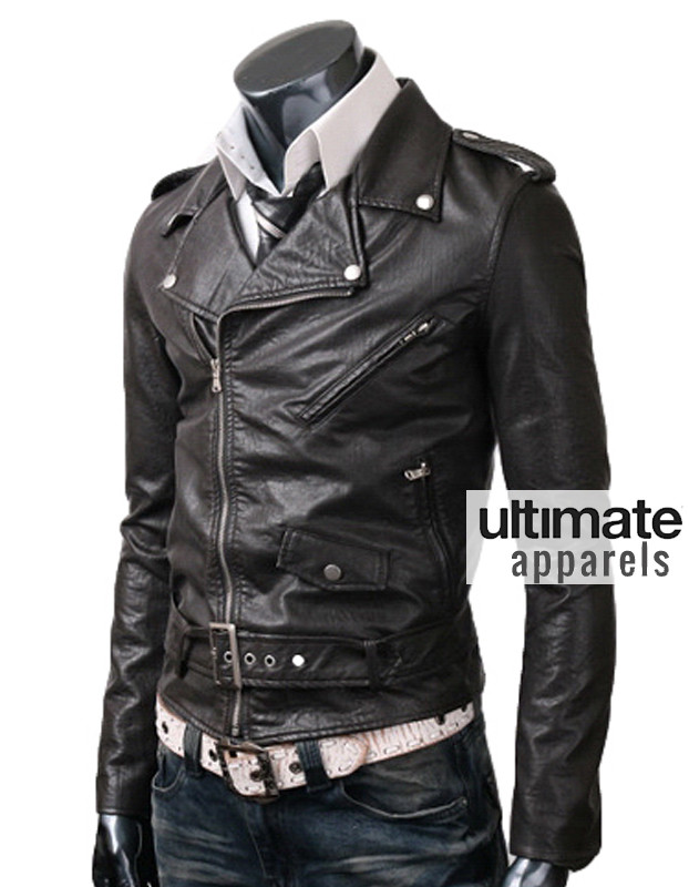 Belted Rider Men's Slim Fit Biker Black Leather Jacket Belted Rider Men's Slim Fit Biker Black Leather Jacket