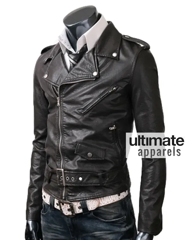 Belted Rider Men's Slim Fit Biker Black Leather Jacket Belted Rider Men's Slim Fit Biker Black Leather Jacket
