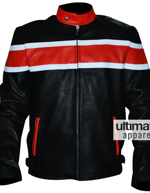 Men's Black Heavy Biker Leather Jacket With Orange Stripes