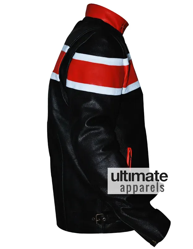 Men's Black Heavy Biker Leather Jacket With Orange Stripes