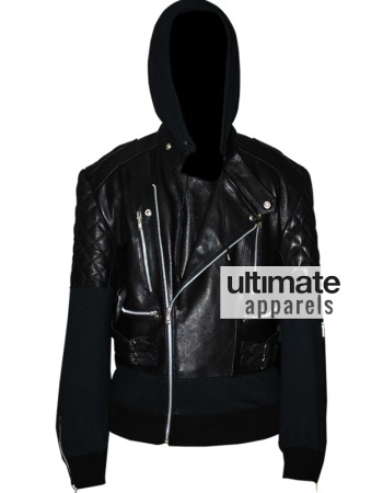 Chris Brown Designers Black Hooded Leather Jacket
