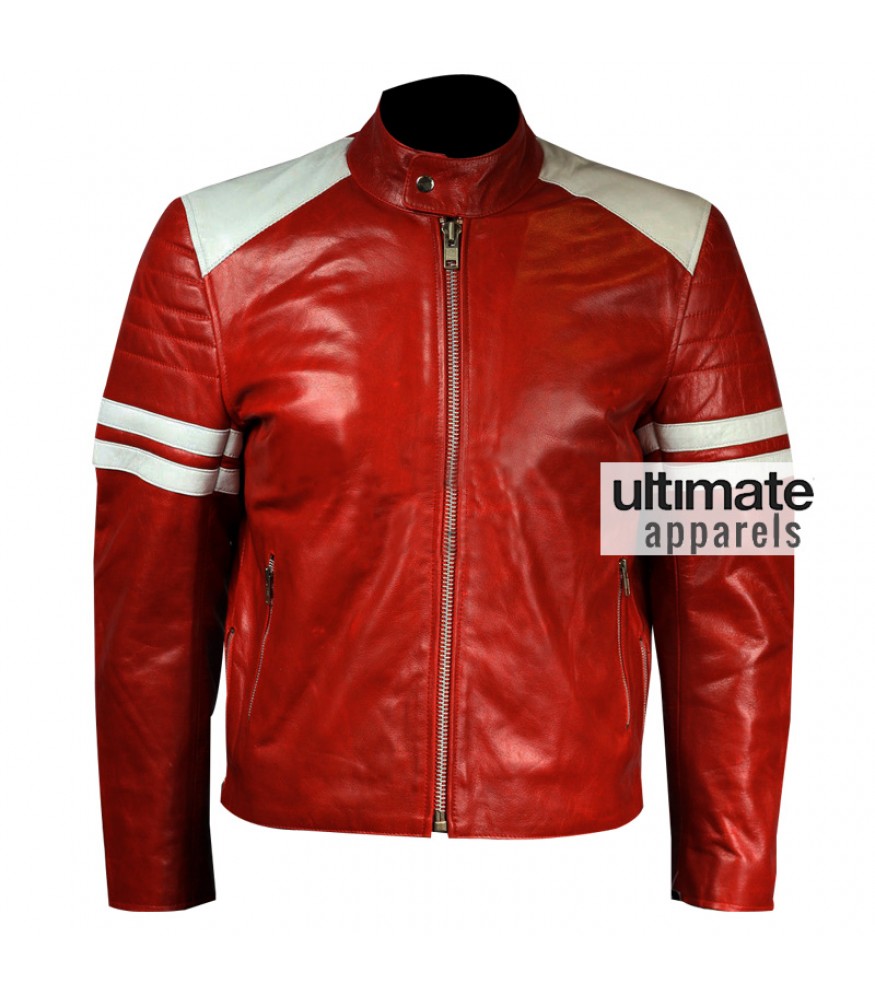 Mens Fight Mayhem Retro Club White Stripes Biker Red Synthetic Leather Jacket 