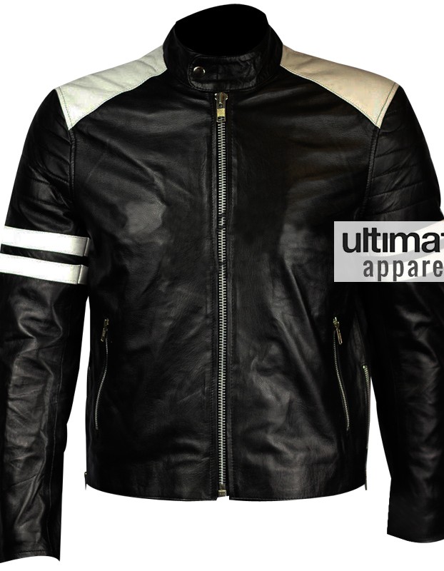 Men's Mayhem Black Fight Club Biker White Stripes Leather Jacket