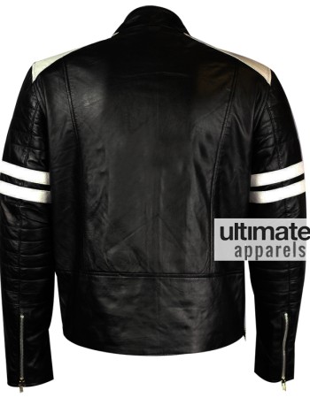 Men's Mayhem Black Fight Club Biker White Stripes Leather Jacket
