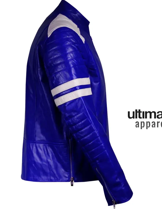 Men Blue Leather Motorcycle Jacket With White Stripes Men Blue Leather Motorcycle Jacket With White Stripes