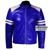 Men Blue Leather Motorcycle Jacket With White Stripes