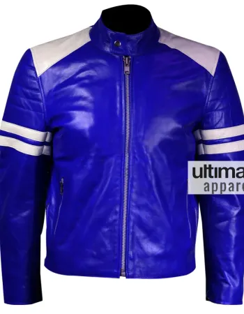 Men Blue Leather Motorcycle Jacket With White Stripes