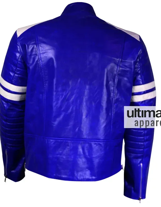 Men Blue Leather Motorcycle Jacket With White Stripes Men Blue Leather Motorcycle Jacket With White Stripes