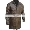 Mens Distressed Brown Trench Leather Blazer Jacket