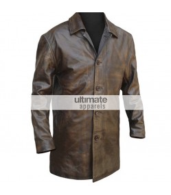 Mens Distressed Brown Trench Leather Blazer Jacket