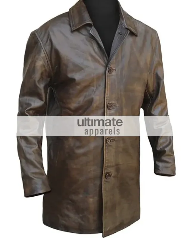 Mens Distressed Brown Trench Leather Blazer Jacket