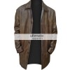 Mens Distressed Brown Trench Leather Blazer Jacket