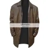 Mens Distressed Brown Trench Leather Blazer Jacket