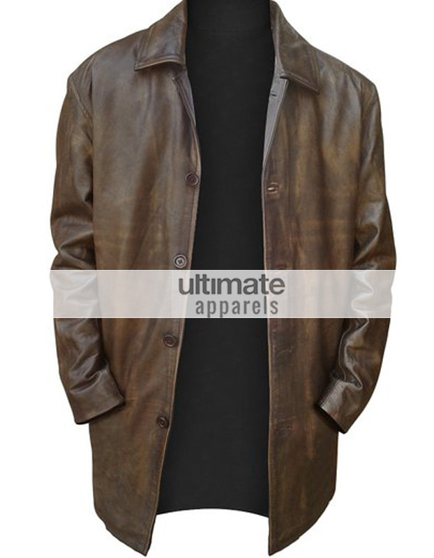 Mens Distressed Brown Trench Leather Blazer Jacket