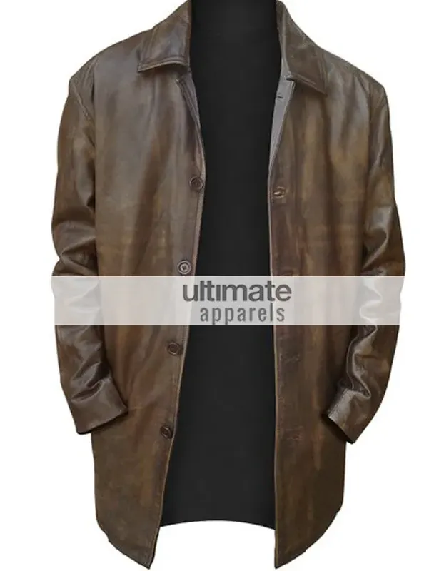 Mens Distressed Brown Trench Leather Blazer Jacket