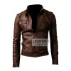 Slim Fit Strap Pocket Brown Leather Jacket
